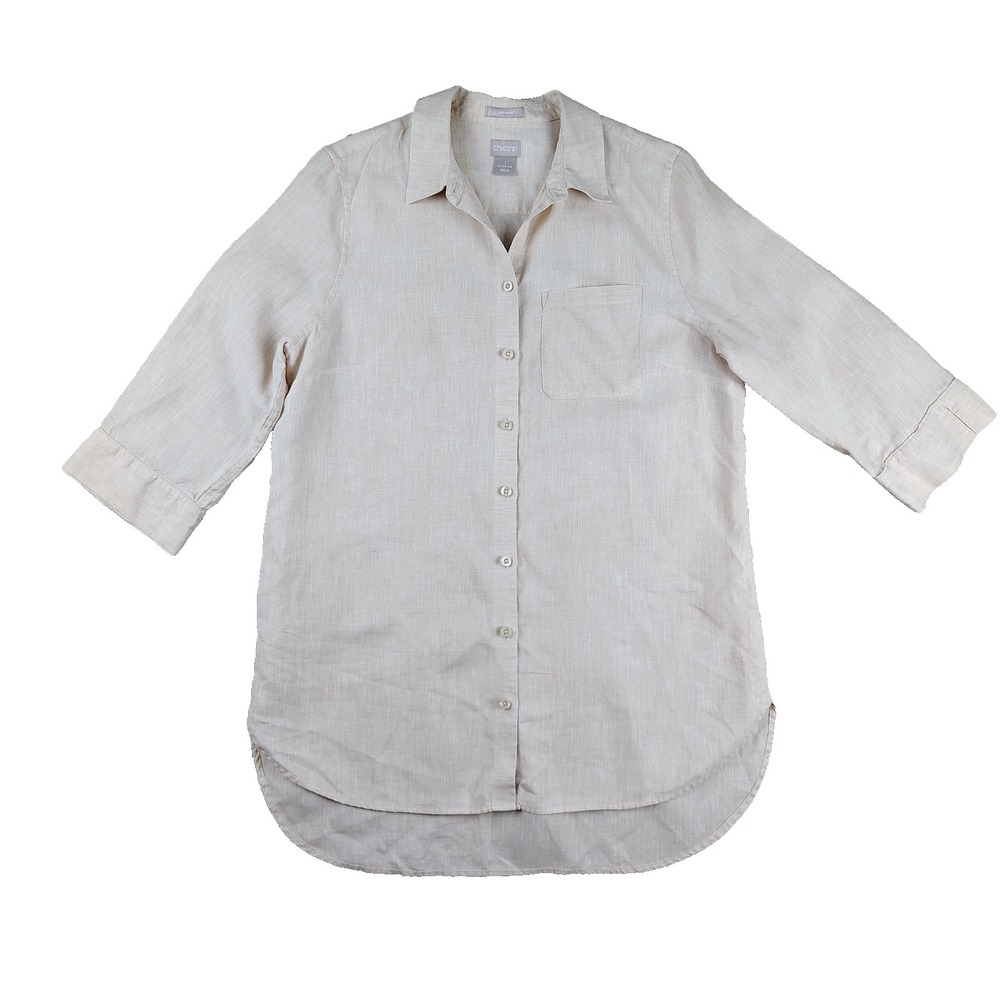 Chico's Shirt 100% Linen No Iron Womens 8/10 Button Up Collared Classic Luxury